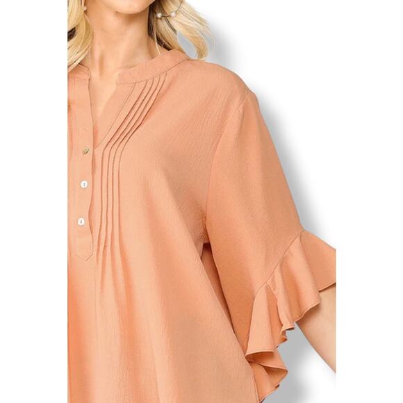 GiGiO Womens Blouse Size Medium‎ Daydream Apricot Ruffled Sleeves NEW - Picture 3 of 9